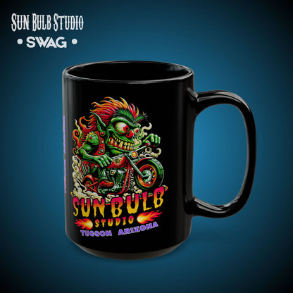 Sun Bulb Studio Bug-Eyed Bob Coffee Mug — Black Ceramic 11oz/15oz