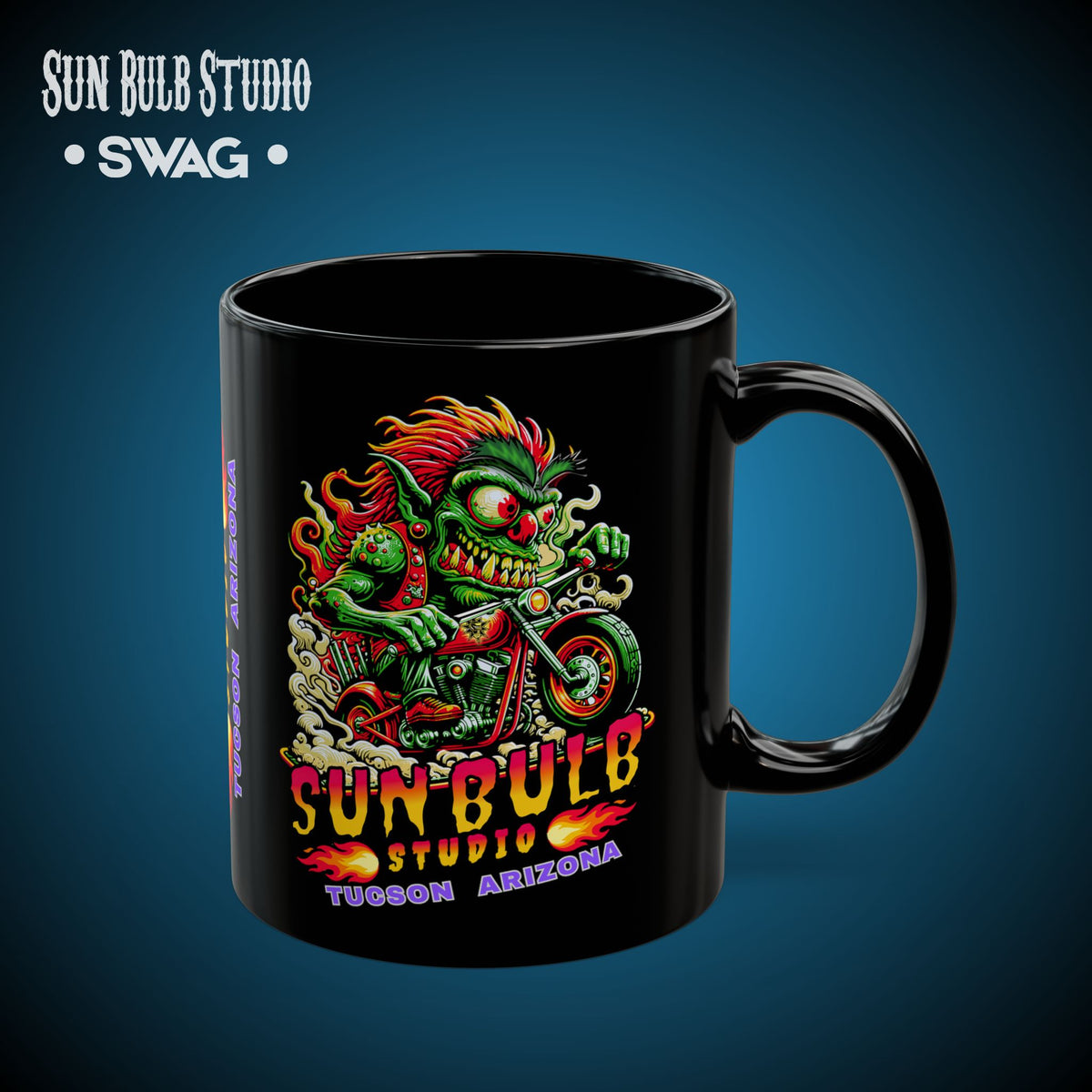 Sun Bulb Studio Bug-Eyed Bob Coffee Mug — Black Ceramic 11oz/15oz