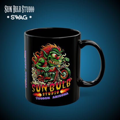 Sun Bulb Studio Bug-Eyed Bob Coffee Mug — Black Ceramic 11oz/15oz