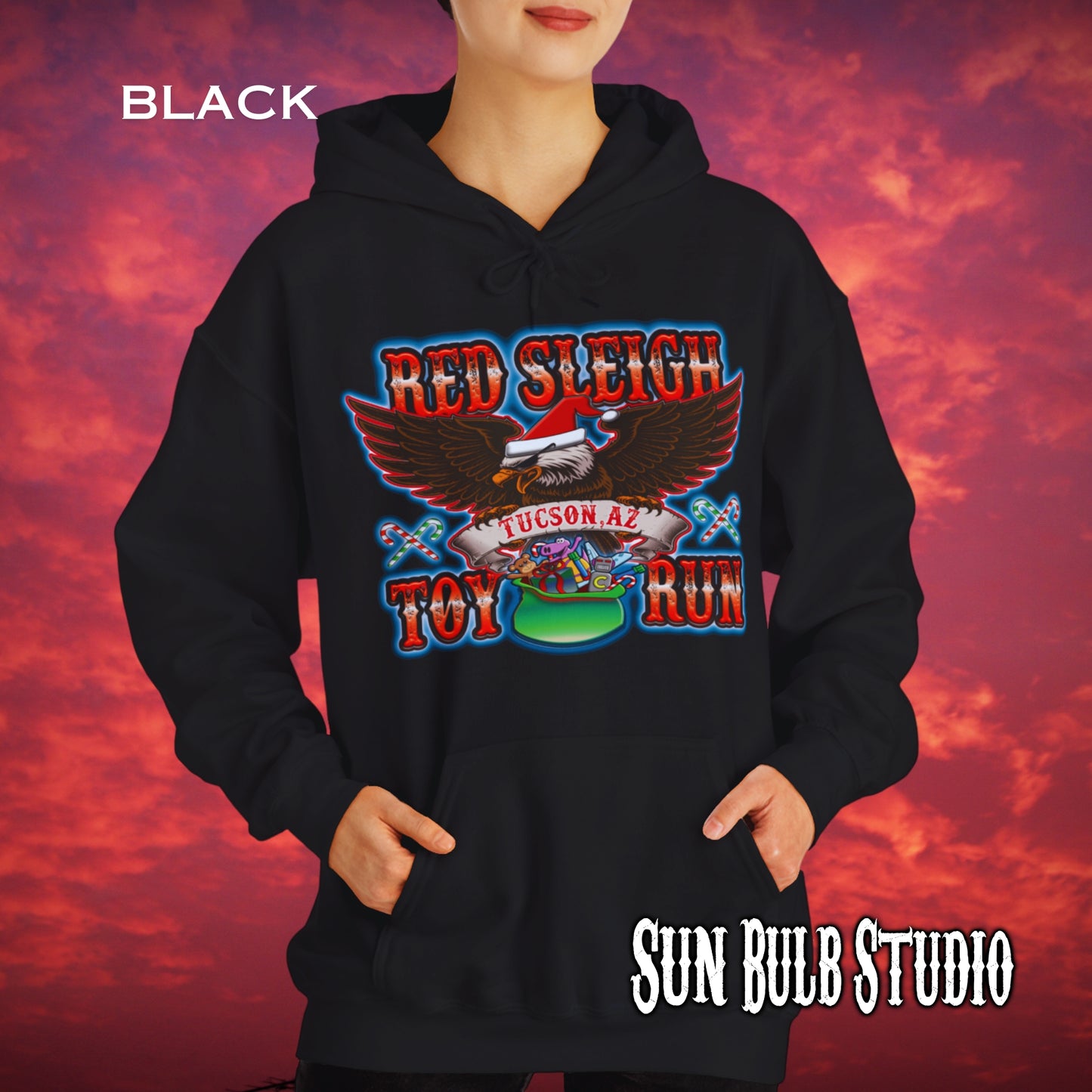 Red Sleigh Toy Run Hoodie – Original Santa Eagle Design