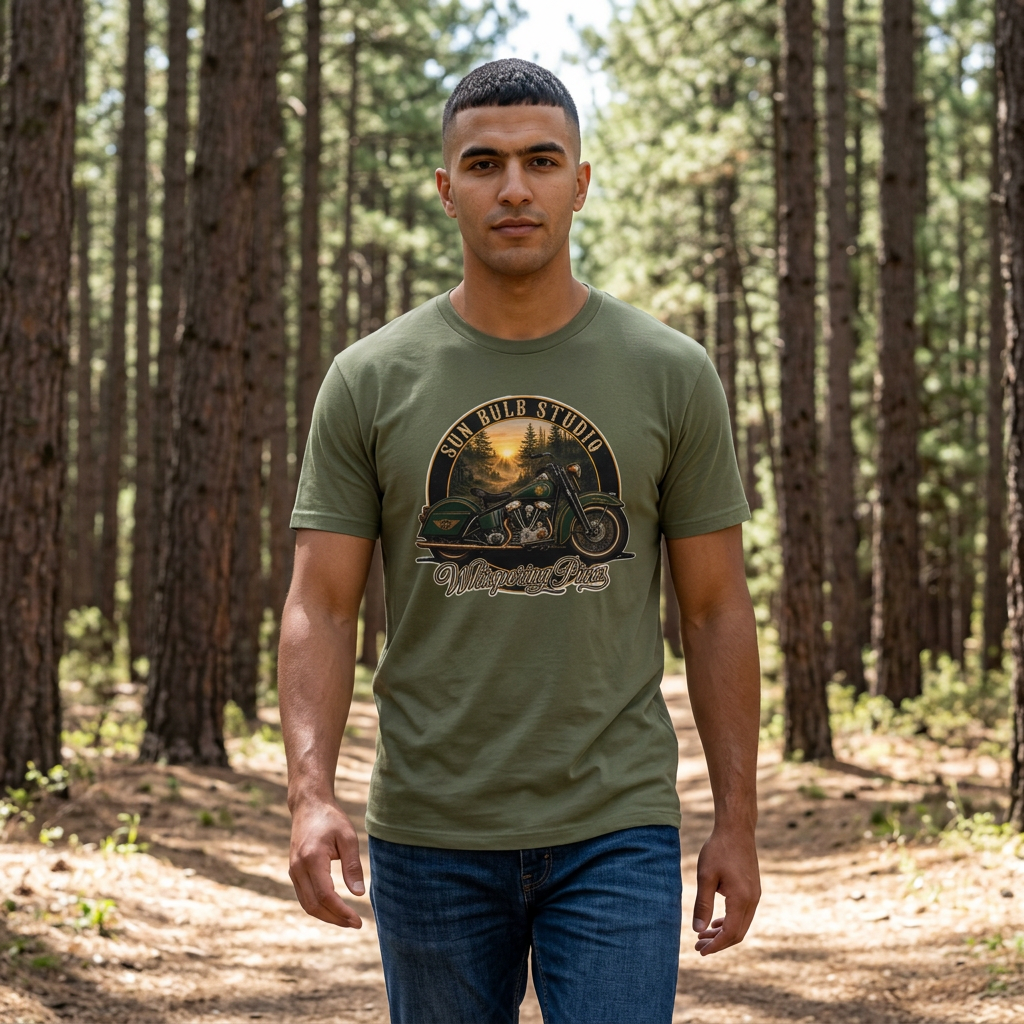 Whispering Pines Vintage Motorcycle T-Shirt | Forest Ride Graphic Tee