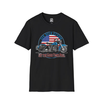 Let the Good Times Roll Vintage Motorcycle T-Shirt | Patriotic Ride Graphic Tee