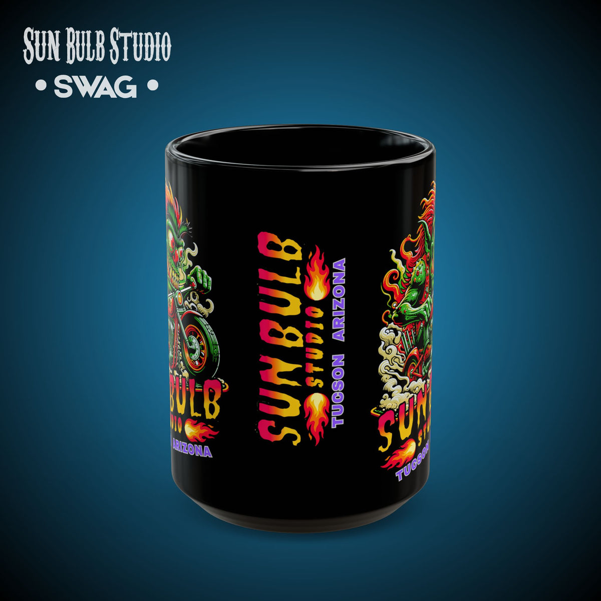Sun Bulb Studio Bug-Eyed Bob Coffee Mug — Black Ceramic 11oz/15oz