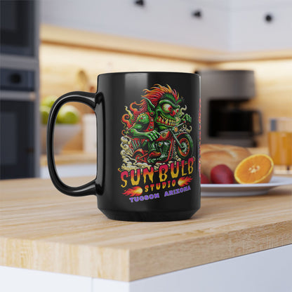 Sun Bulb Studio Bug-Eyed Bob Coffee Mug — Black Ceramic 11oz/15oz