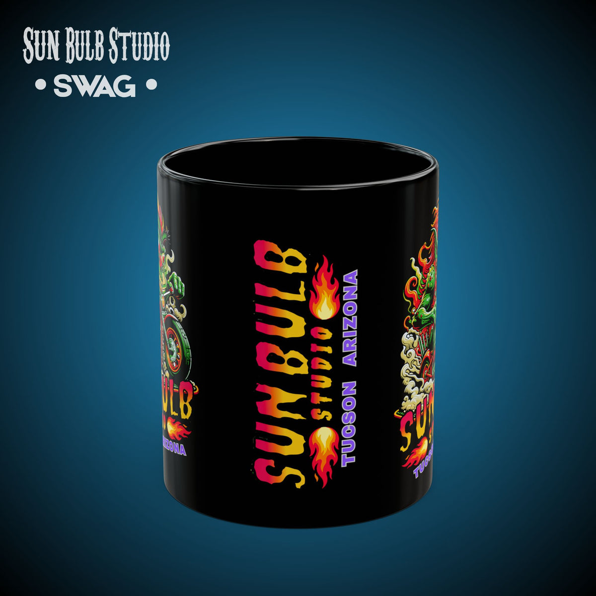 Sun Bulb Studio Bug-Eyed Bob Coffee Mug — Black Ceramic 11oz/15oz