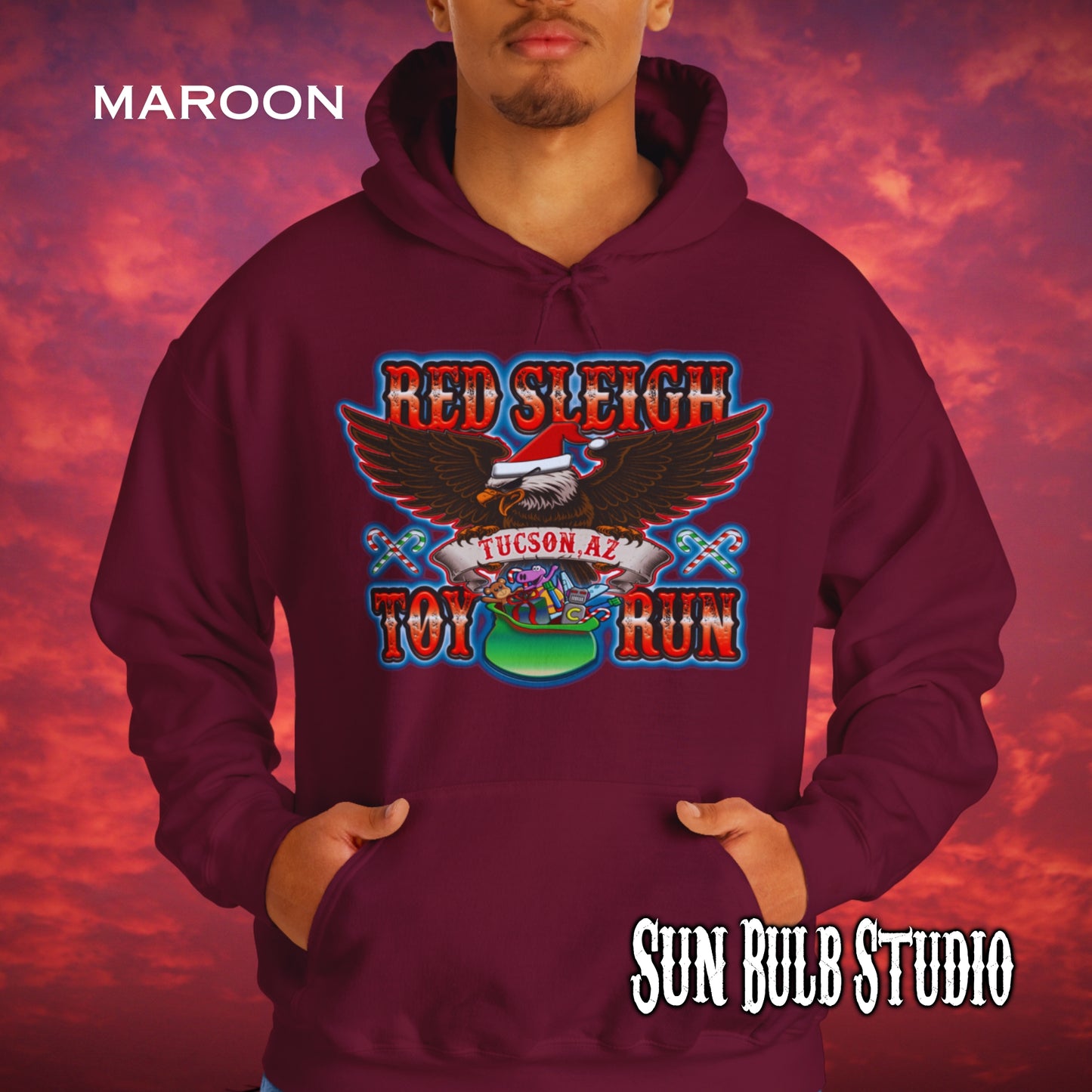 Red Sleigh Toy Run Hoodie – Original Santa Eagle Design