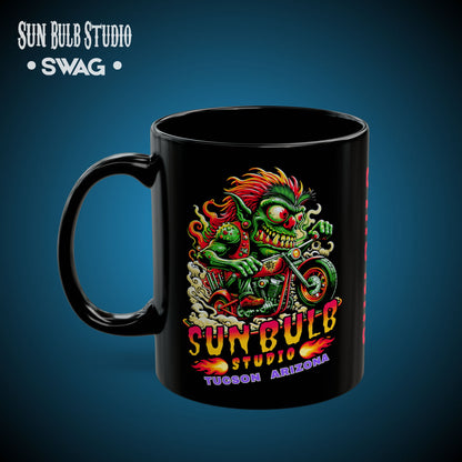 Sun Bulb Studio Bug-Eyed Bob Coffee Mug — Black Ceramic 11oz/15oz