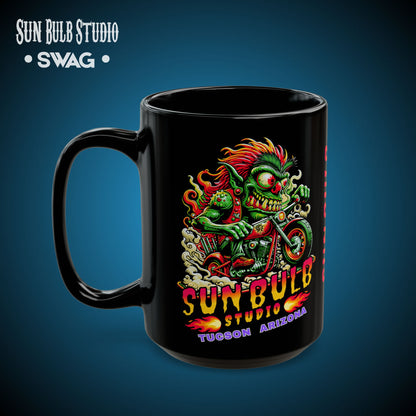 Sun Bulb Studio Bug-Eyed Bob Coffee Mug — Black Ceramic 11oz/15oz