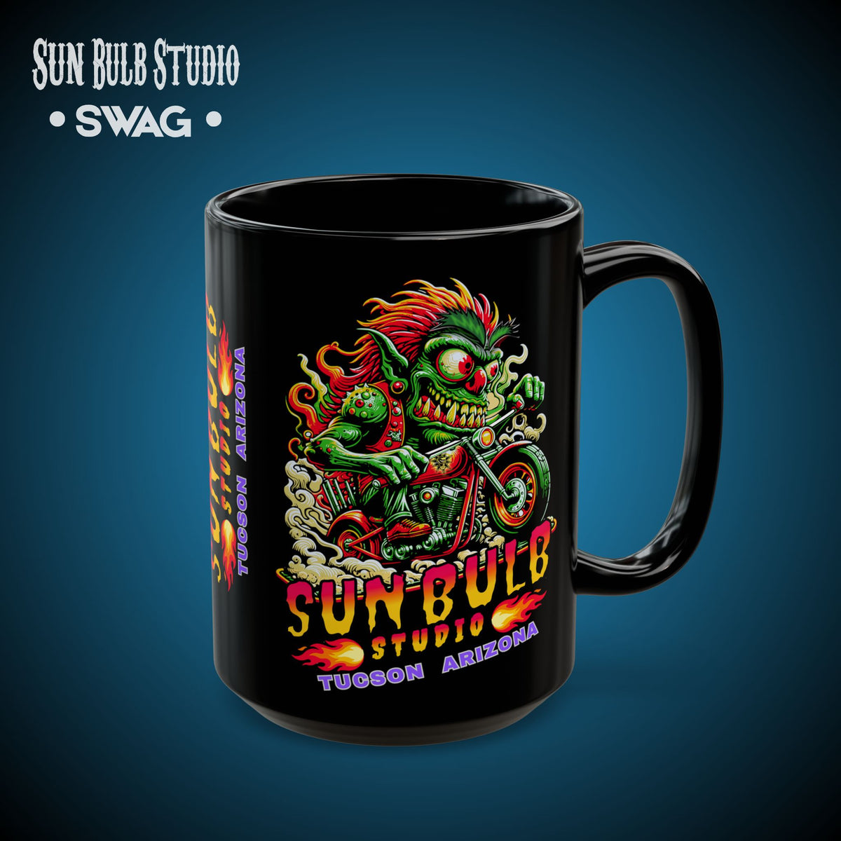 Sun Bulb Studio Bug-Eyed Bob Coffee Mug — Black Ceramic 11oz/15oz