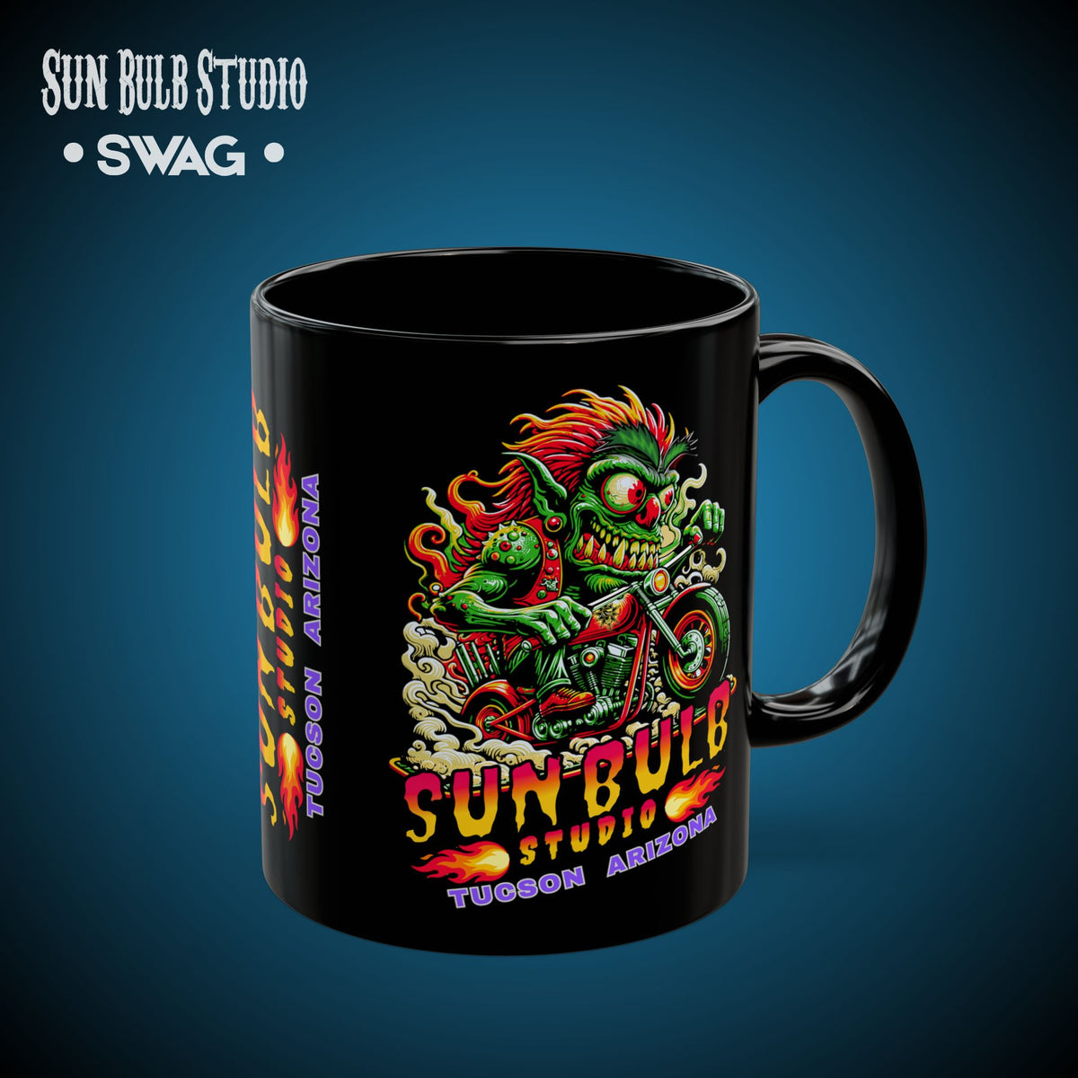 Sun Bulb Studio Bug-Eyed Bob Coffee Mug — Black Ceramic 11oz/15oz