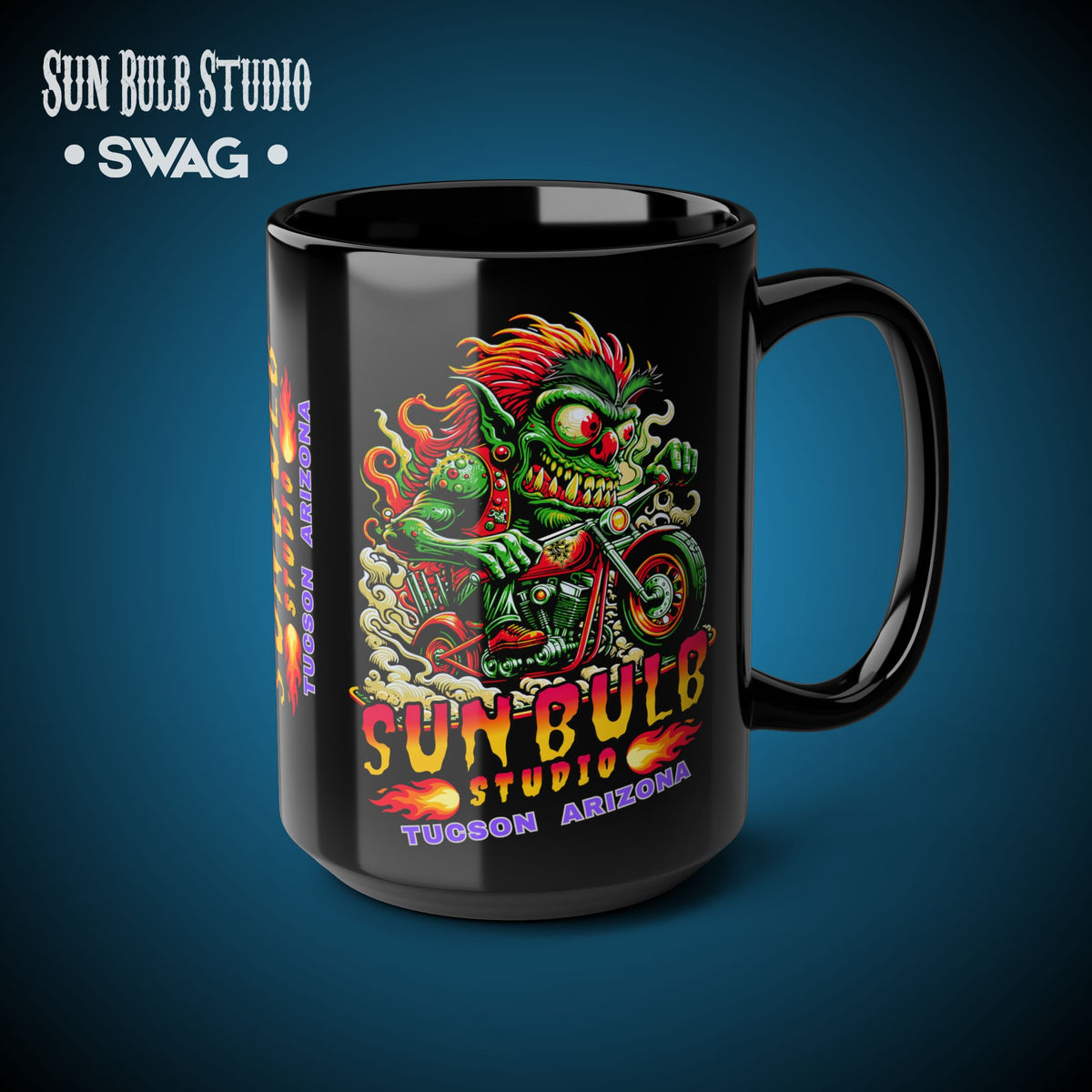 Sun Bulb Studio Bug-Eyed Bob Coffee Mug — Black Ceramic 11oz/15oz