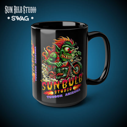 Sun Bulb Studio Bug-Eyed Bob Coffee Mug — Black Ceramic 11oz/15oz