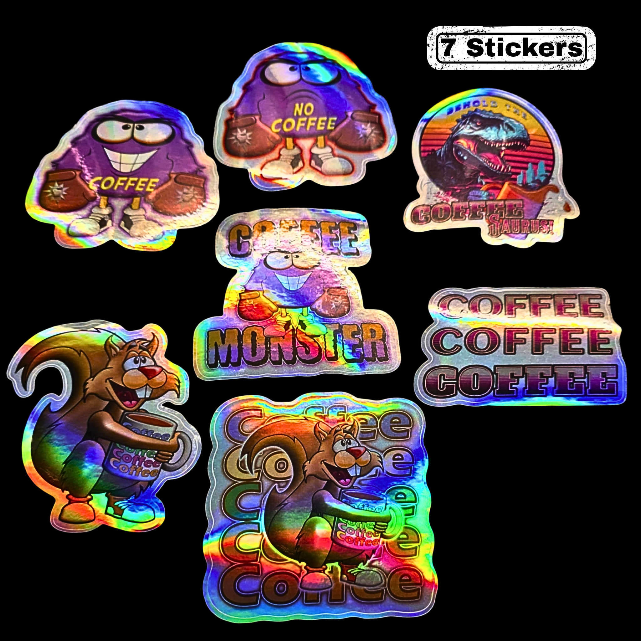 Coffee Chaos Sticker Pack — Holographic Vinyl Stickers – Sun Bulb Studio
